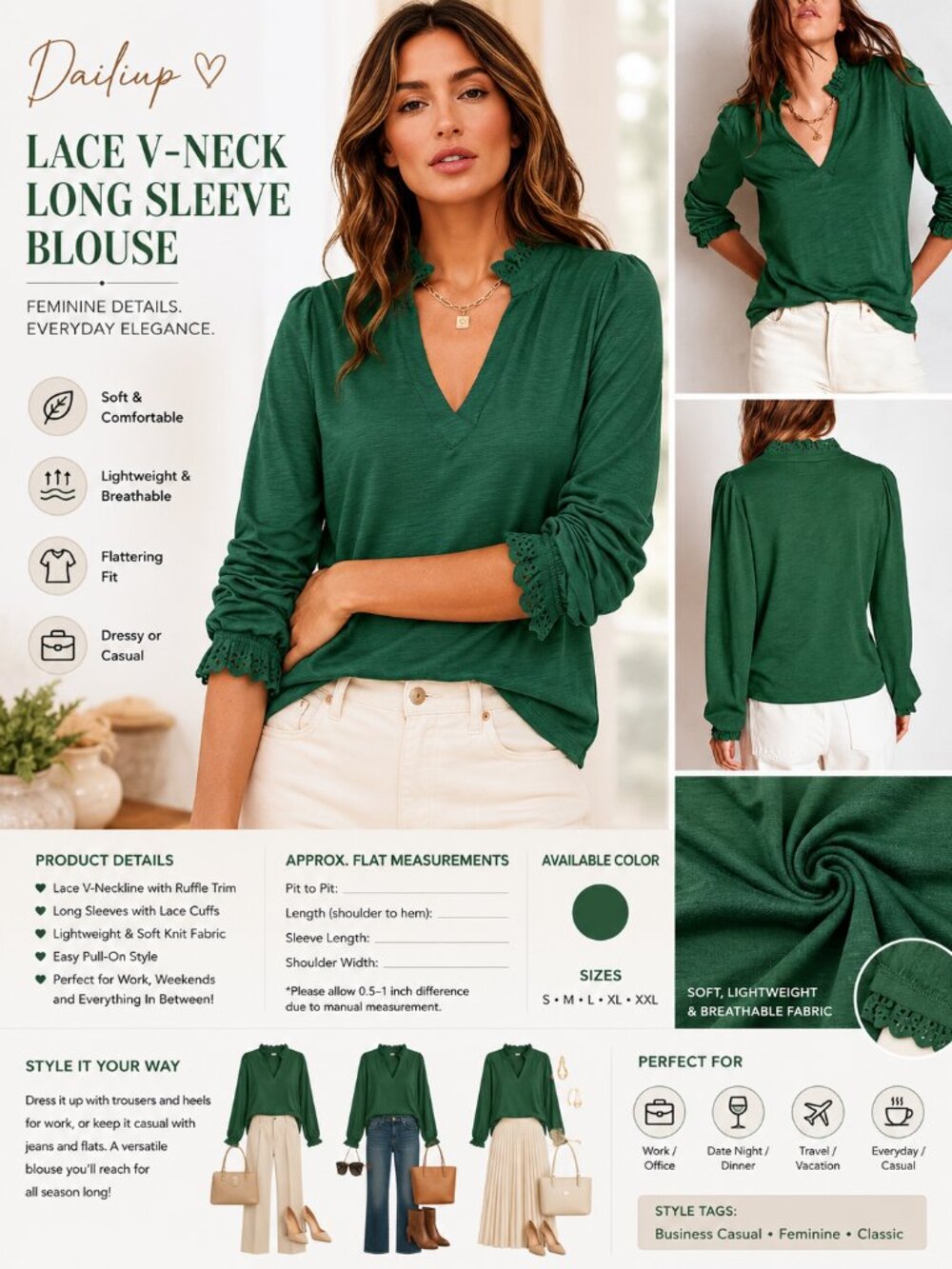 Dailiup Green Lace V-Neck Long Sleeve Blouse Ruffle Trim Dressy Casual Top